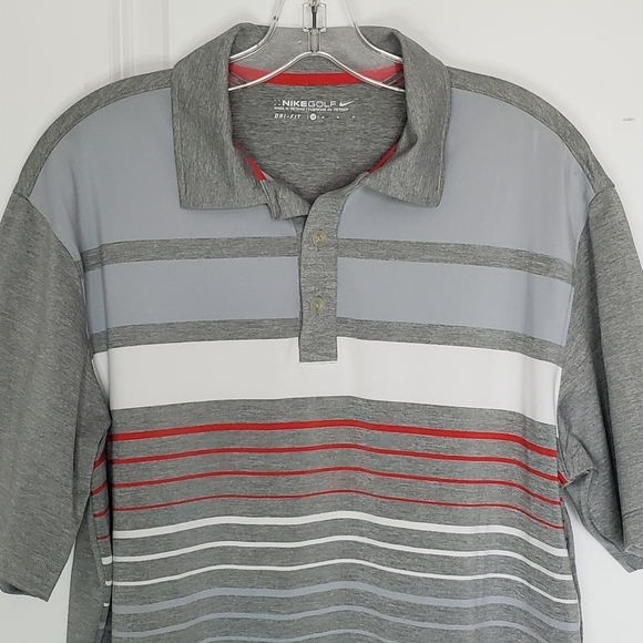 Nike Golf Dri-Fit Striped Short Sleeve Polo Shirt Gray Red M - Picture 2 of 8